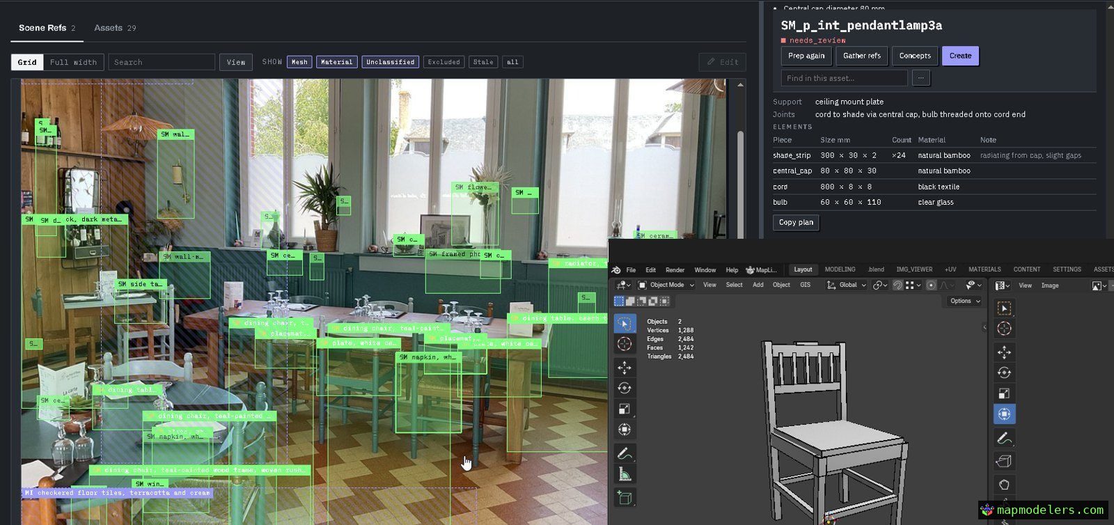 Objects boxed on a photo, a spec beside it, the asset in Blender